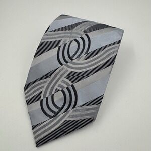 STEVEN LAND Men's Silk Blend Necktie Silver Black Geometric Pattern Formal